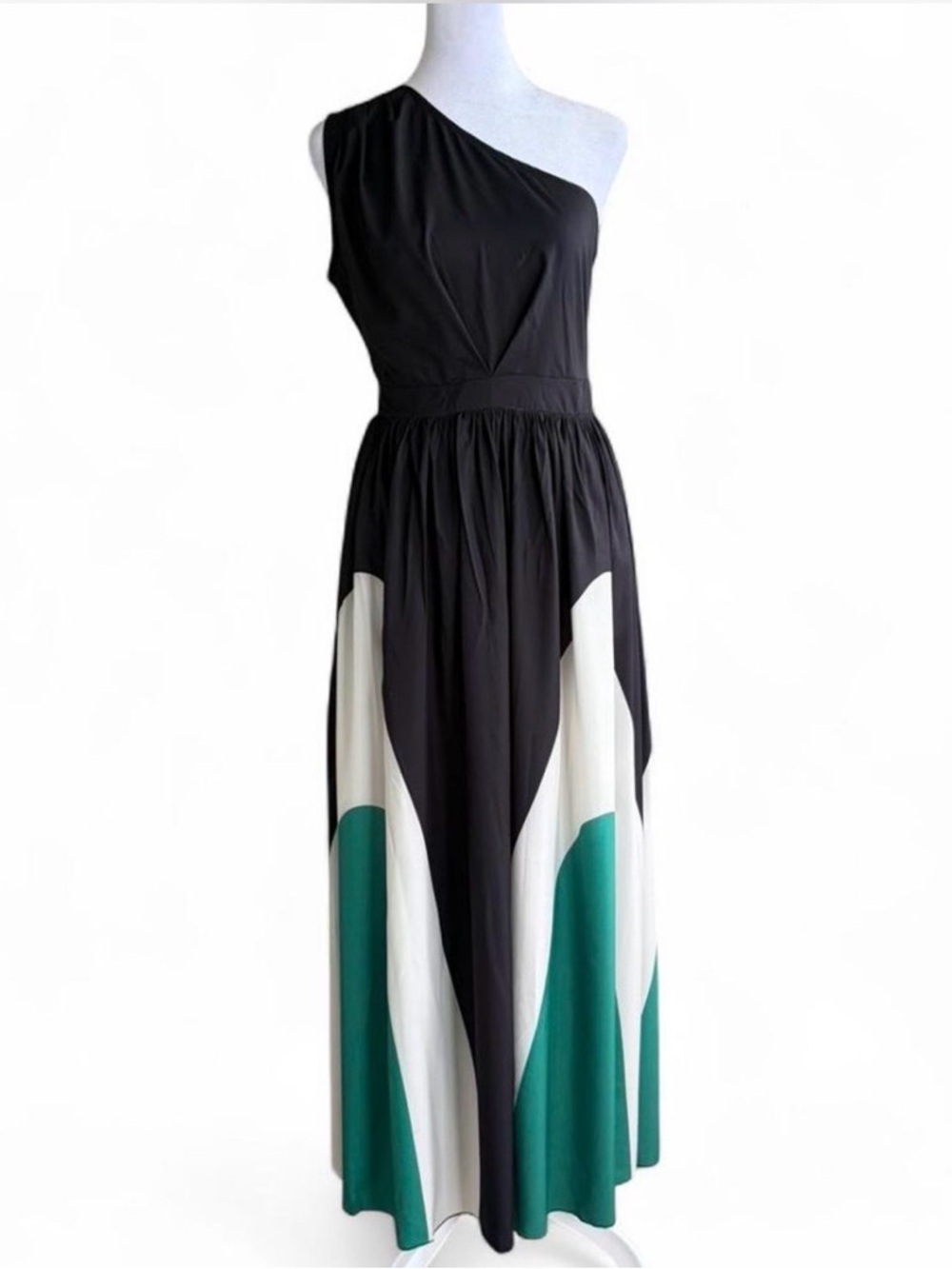 Elegant One-Shoulder Maxi Dress - Black, White, and Green